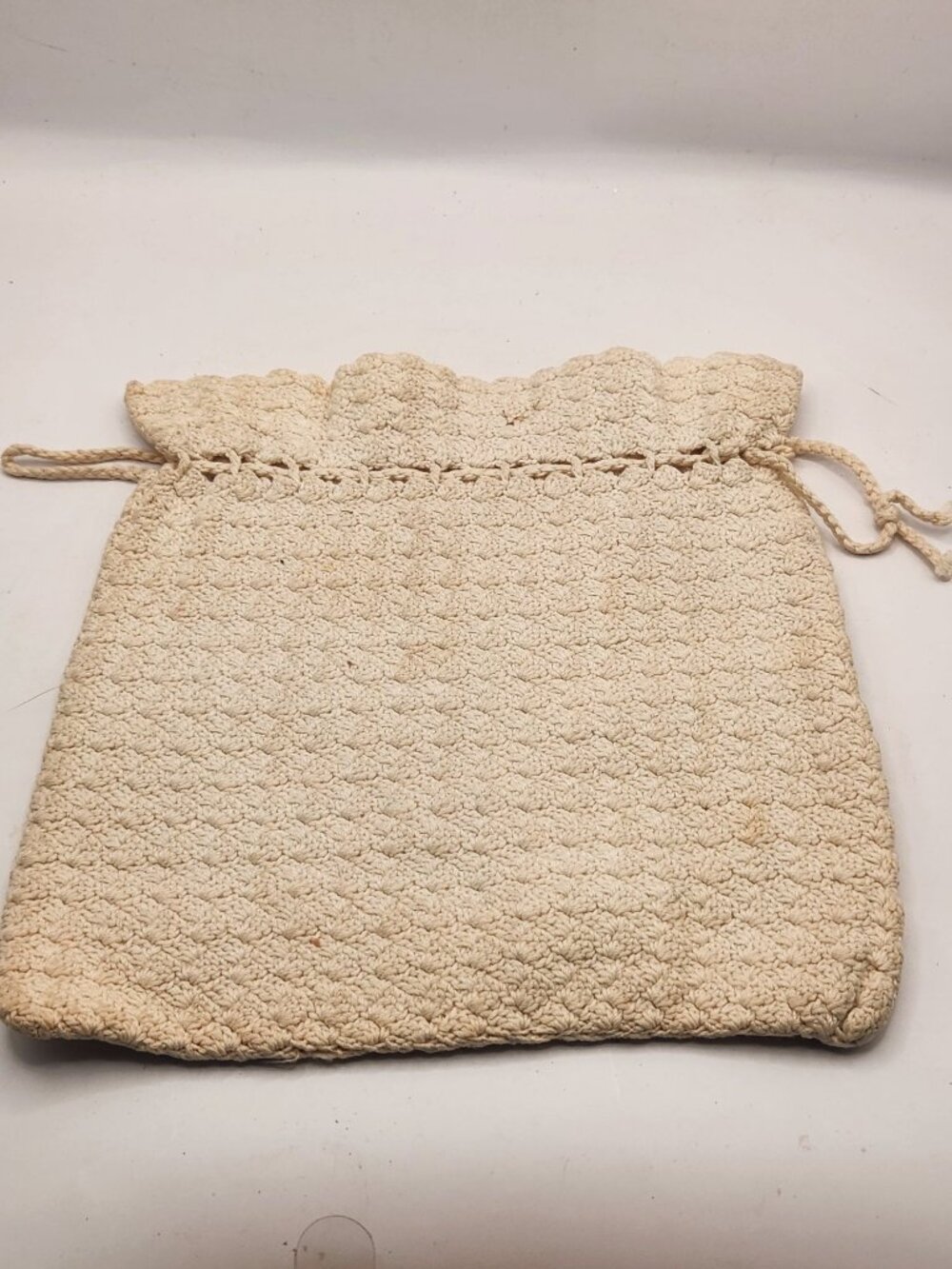 White Crochet Draw String Purse, Bag, Wedding, Evening, Hand Sewn, Handmade